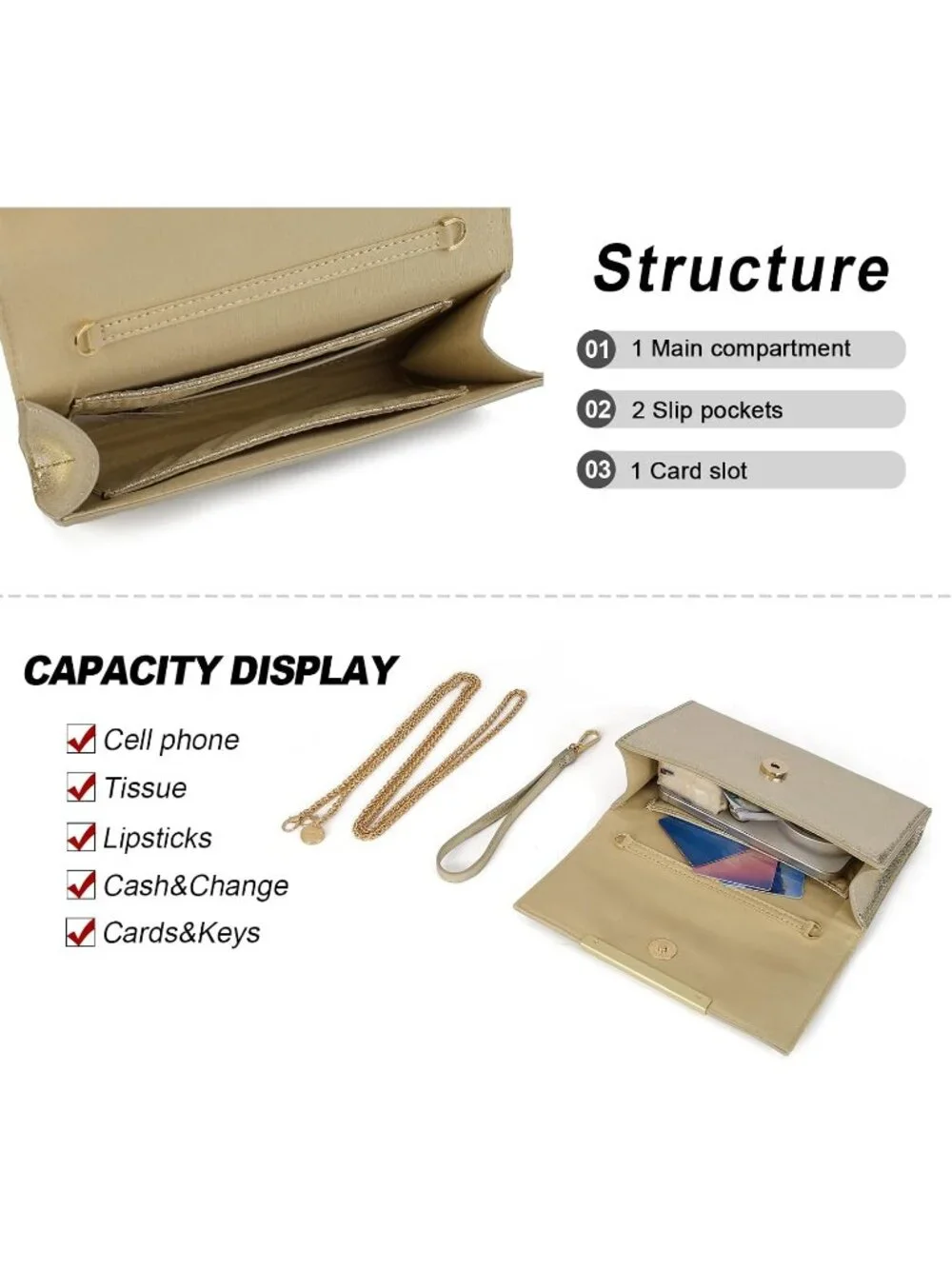 Women’s Shiny Gold Clutch Purses Wristlet Vegan Leather Formal Evening Bag